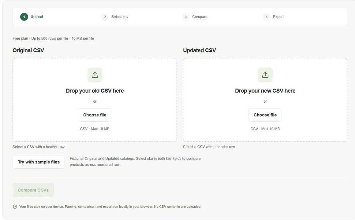 CSV Compare with Original and Updated upload panels and the Try with sample files button.