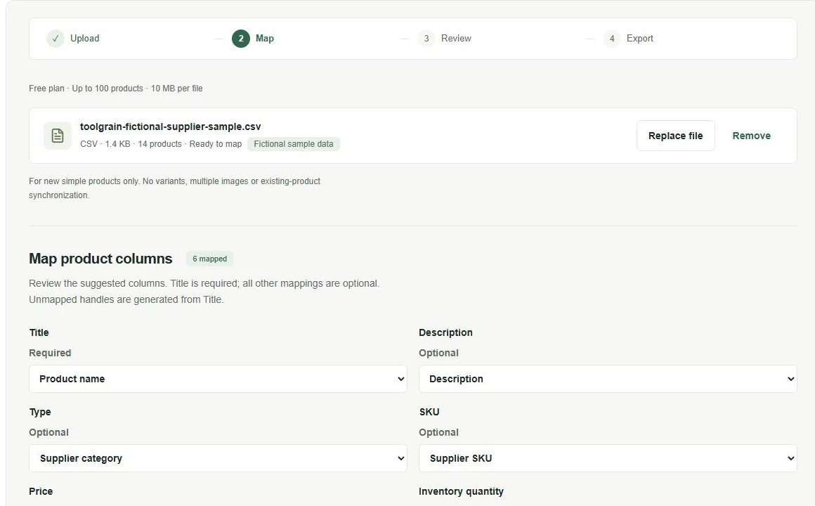 Shopify Converter with the fictional supplier sample loaded, showing 14 products ready to map.